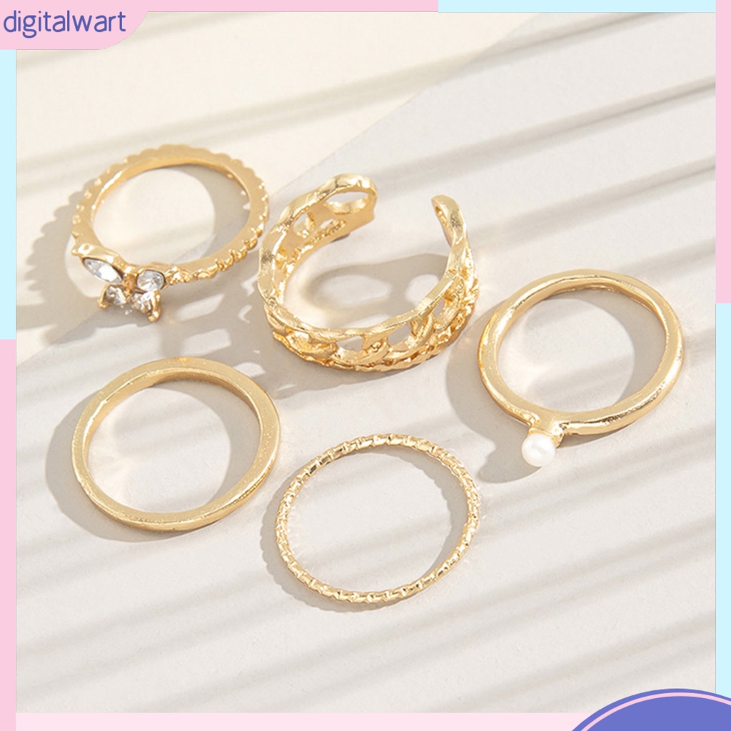 Bộ 5 Nhẫn Đeo Đốt Ngón Tay Hình Bướm Đính Ngọc Trai Giả Phong Cách Vintage Cho Nữ