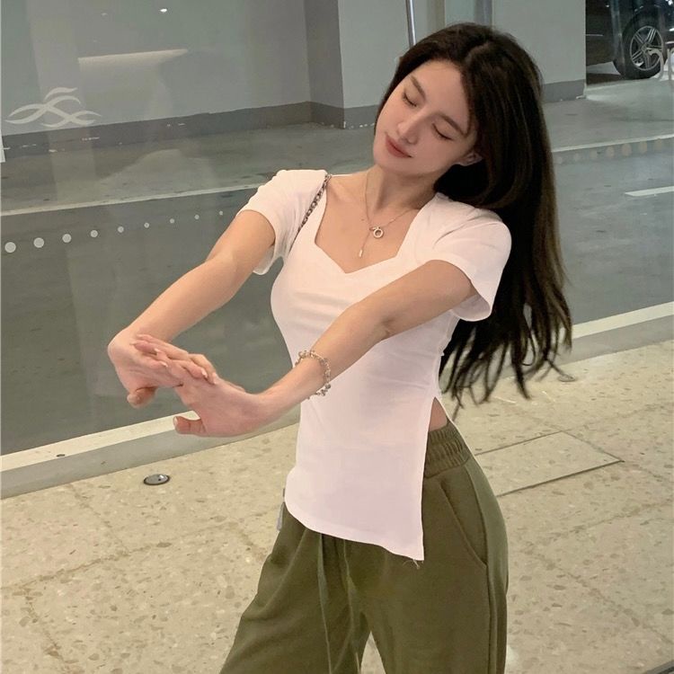 COZOK Áo Thun Ngắn Tay Cổ Vuông Xẻ Tà Thời Trang Retro Cá Tính