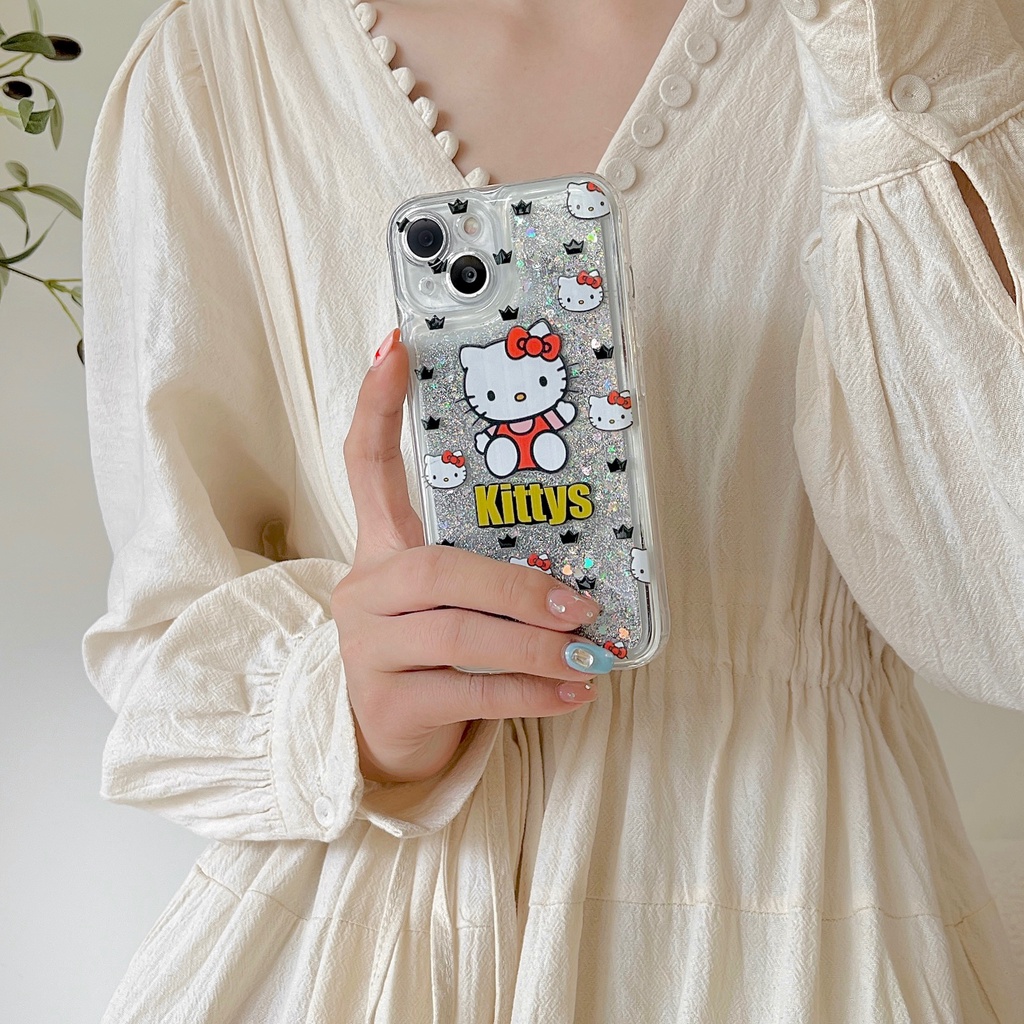 Ốp Điện Thoại TPU Dẻo Họa Tiết Hoạt Hình Hello Kitty Có Nước Kim Tuyến Lấp Lánh Cho iPhone11 12 13 14 Pro Max