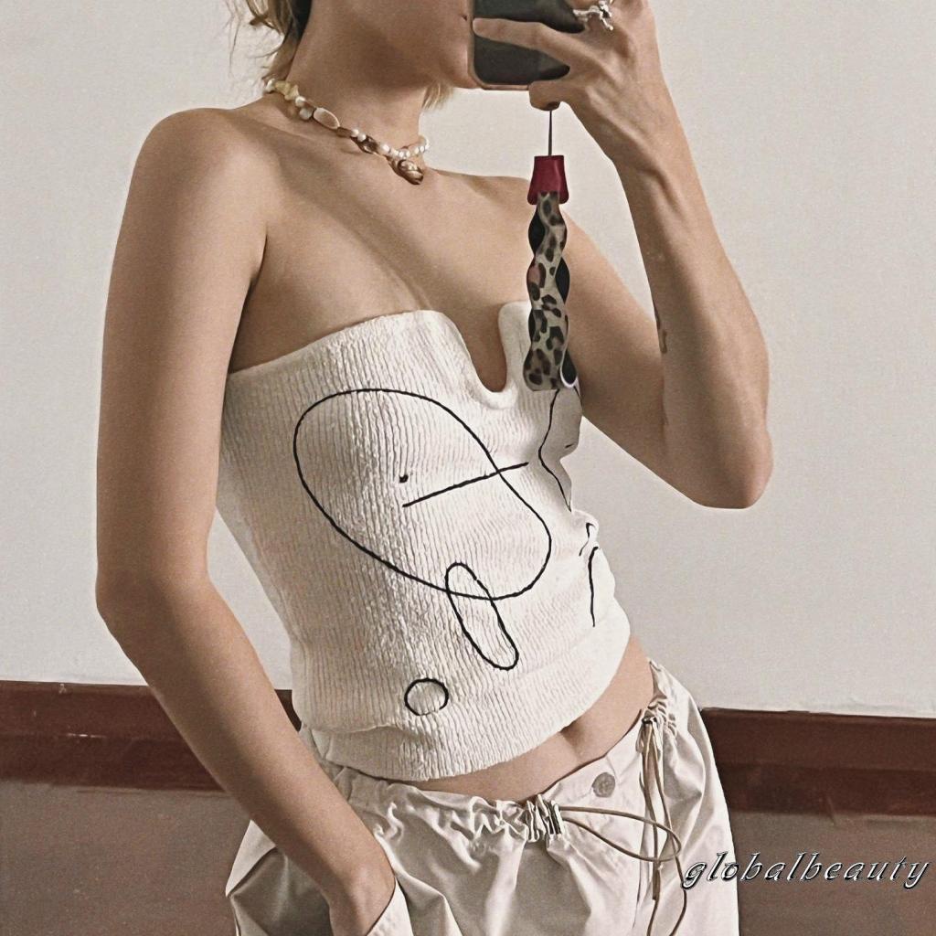 Áo Ống Dệt Kim Không Dây Cổ Chữ U Thêu Họa Tiết Thời Trang Mùa Hè Dành Cho Bạn Nữ