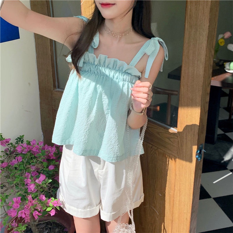 Áo Tank Top Sát Nách Màu Trơn Cổ Thắt Nơ Dáng Suông Thời Trang 2023