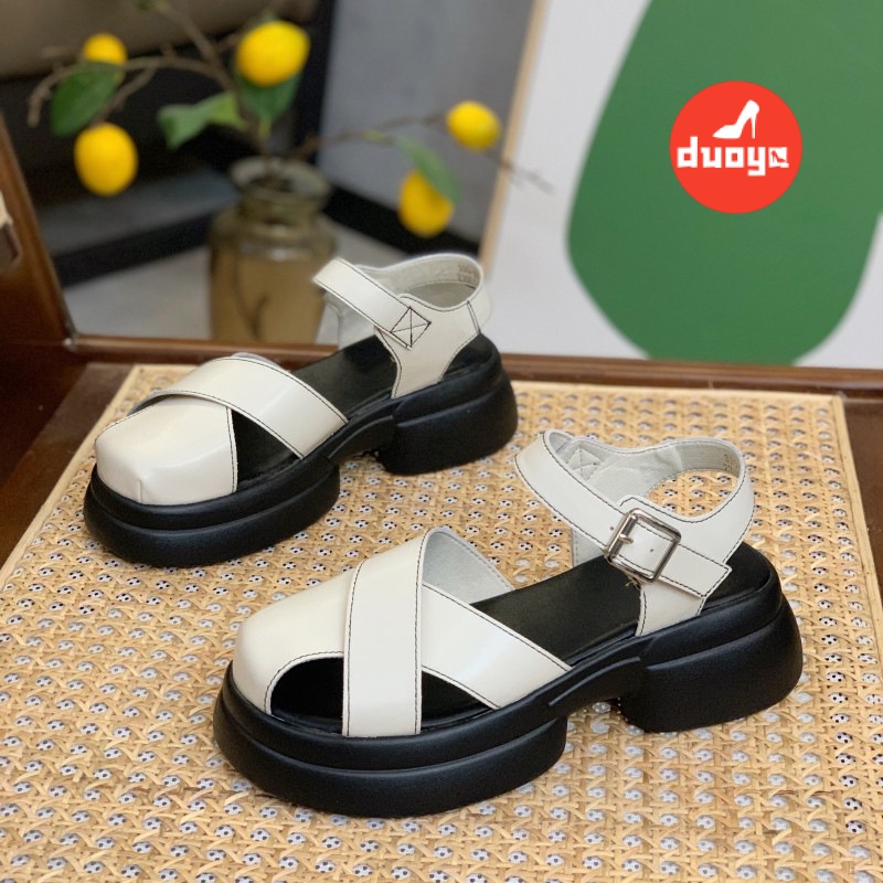 Duoya Tóc Thẳng ~ [Hàng Có Sẵn] Giày Sandal Đế Xuồng Dày Dặn Có Khóa Cài Phẳng Dễ Phối Đồ Cho Nữ Miễn Phí Vận Chuyển