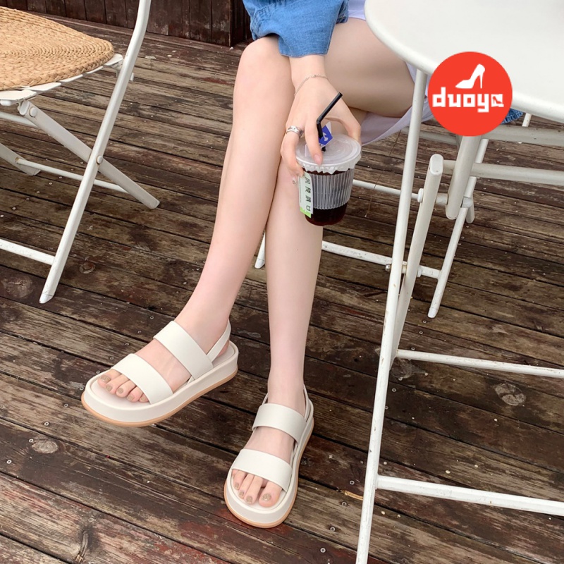 Duoya Tóc Thẳng ~ [Hàng Có Sẵn] Giày Sandal Mũi Tròn Phẳng Đế Dày Hở Ngón Có Dây Đeo Sau Lưng Cho Nữ Miễn Phí Vận Chuyển