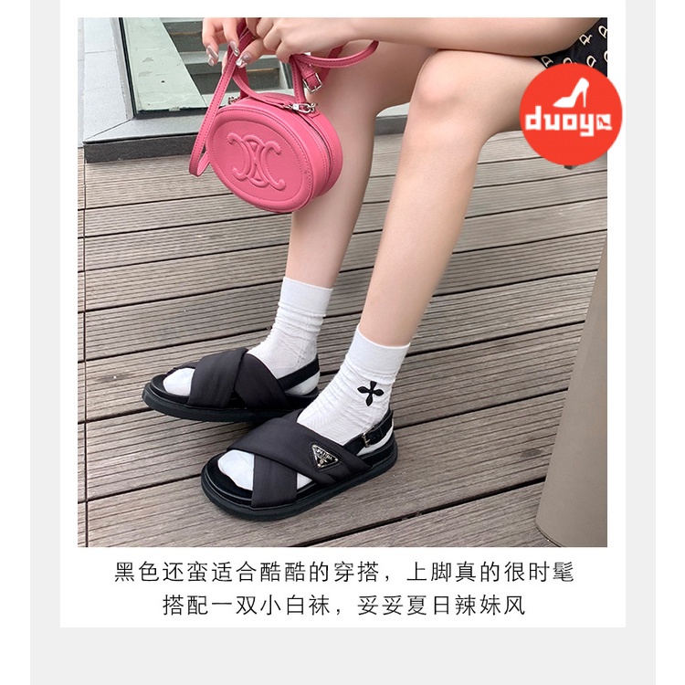 Duoya Tóc Thẳng ~ [Hàng Có Sẵn] Dép Sandal Đế Dày Quai Chéo Bằng Vải Da Thật Mềm Mại Logo Tam Giác Phong Cách Roman Cho Nữ Miễn Phí Vận Chuyển