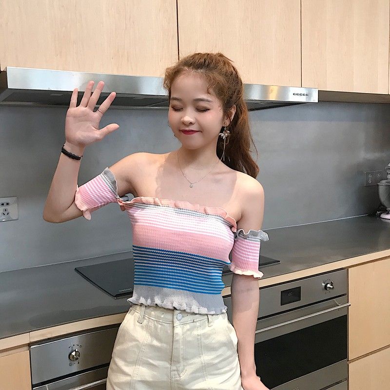 IELGY        Áo Thun Len Dệt Kim Trễ Vai Tay Ngắn Họa Tiết Kẻ Sọc Nhiều Màu Sắc Dành Cho Nữ