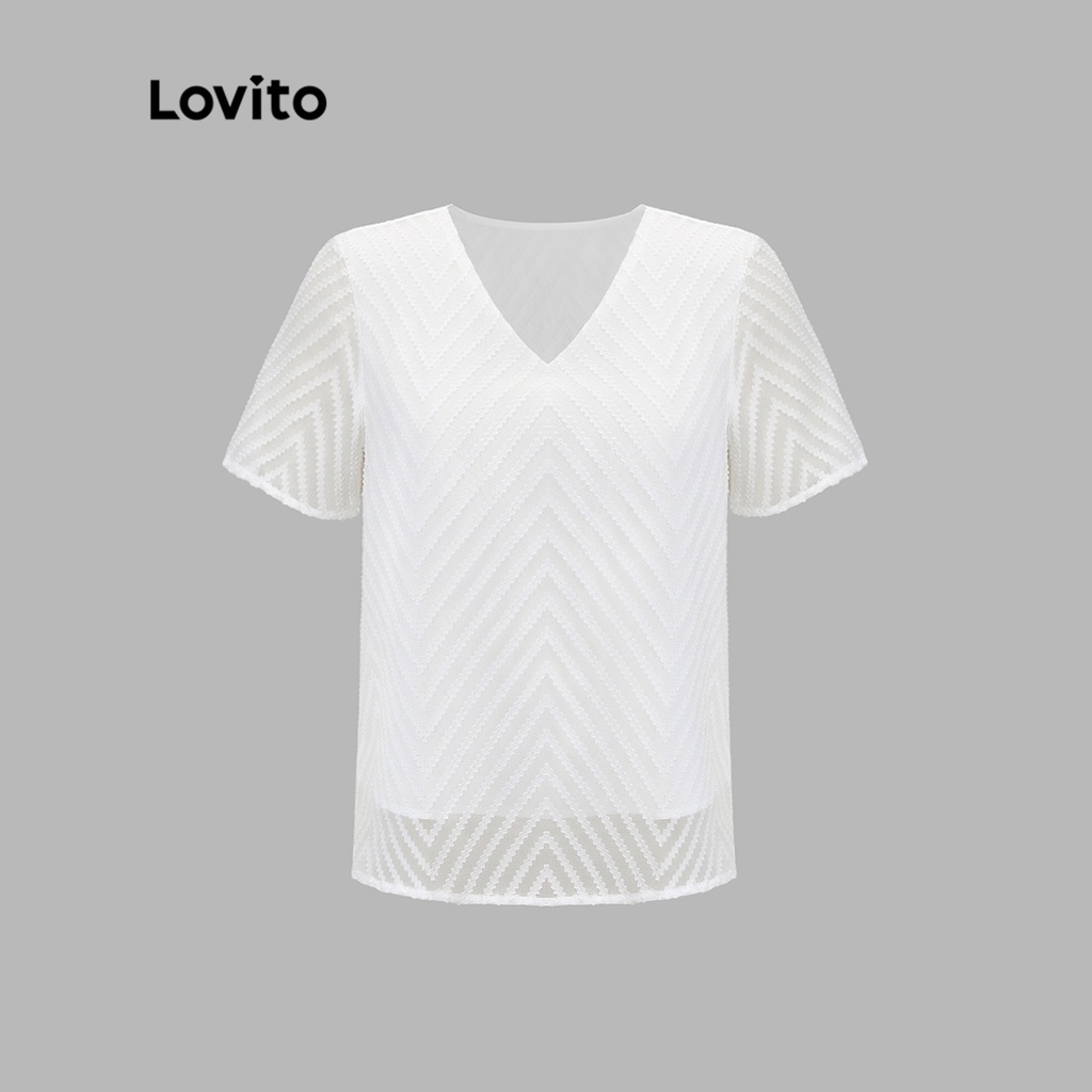 Áo kiểu Lovito tay ngắn cổ V dệt họa tiết màu trơn thanh lịch cho nữ L51ED010 (Màu mơ)