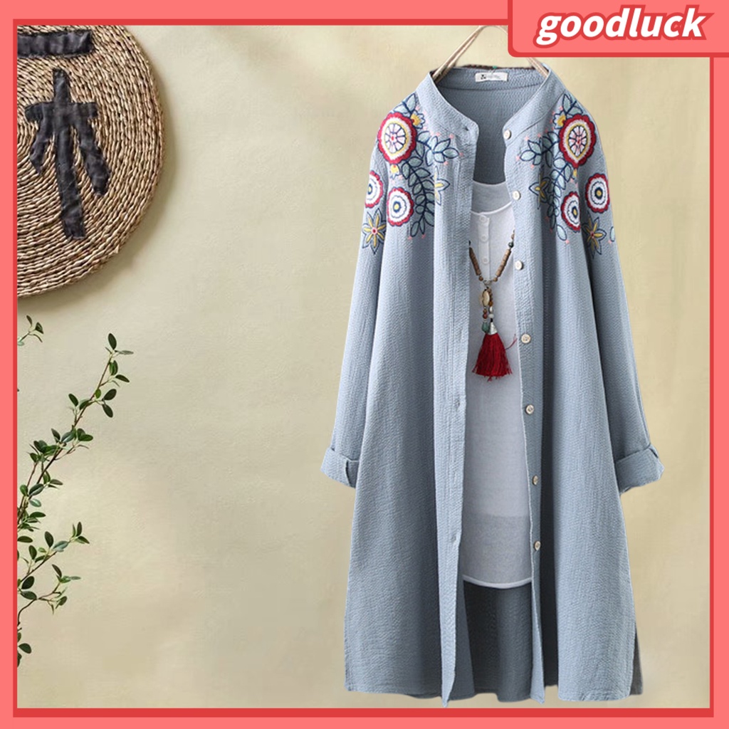 [ULK] Áo Sơ Mi Dài Tay Cổ Đứng Xẻ Một Bên Hông Thêu Họa Tiết Phong Cách Trung Hoa Đường Phố Cho Nữ