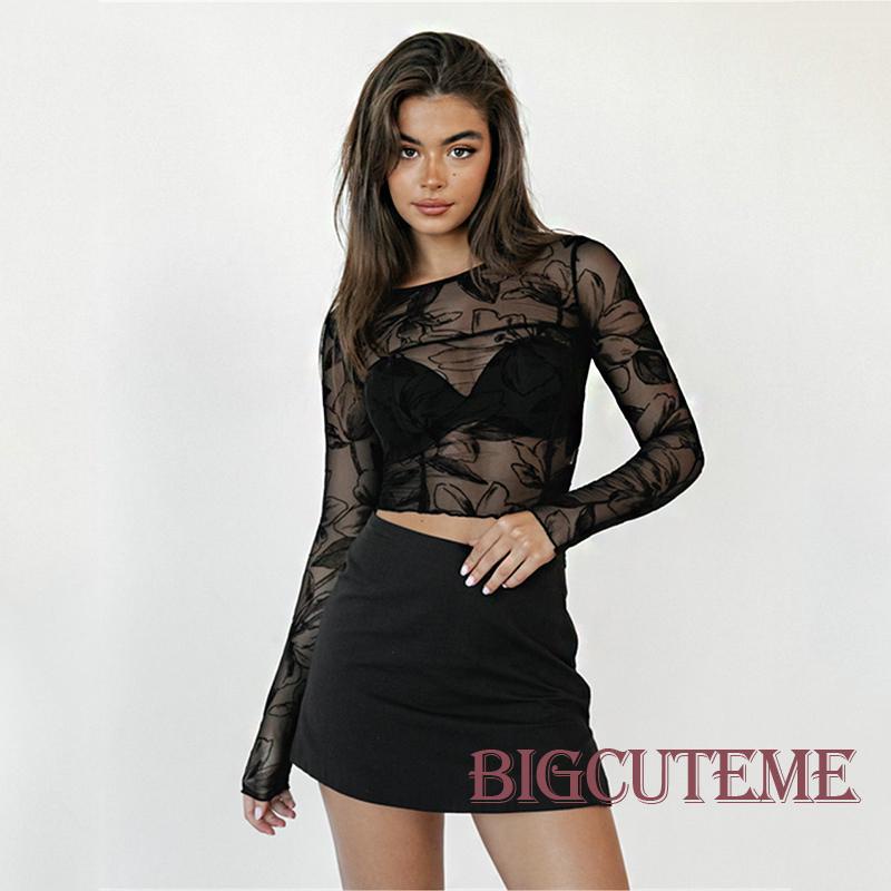 [] Áo Thun Crop Top Lưới Mỏng Tay Dài Cổ Tròn In Hoa Vừa Vặn Cho Nữ