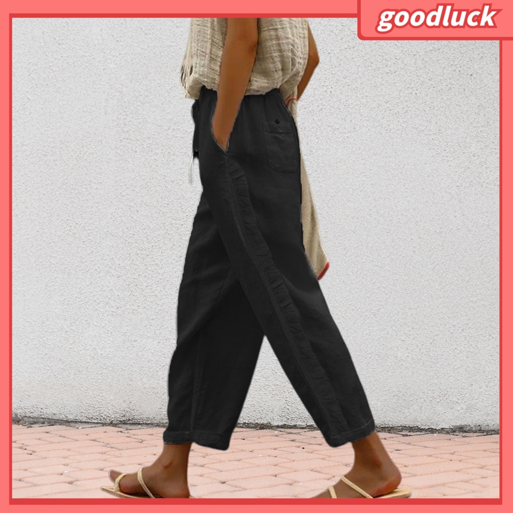 [ULK] Quần Dài Dây Rút Co Giãn Phối Viền Bèo Bên Hông Màu Trơn Thời Trang Đường Phố Mùa Hè Cho Nữ