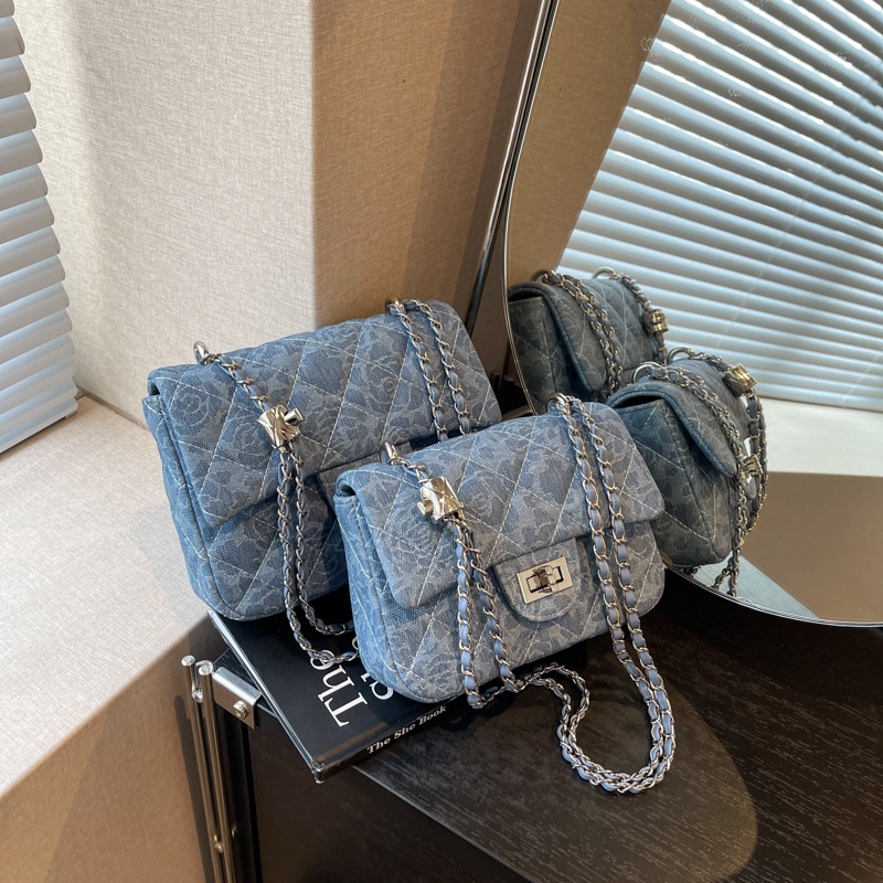 Túi Đeo Chéo Denim Phối Dây Xích Thời Trang Âu Mỹ 2023 Cho Nữ