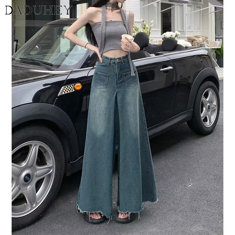 DaDuHey New American Ins Retro Washed Jeans Women's High Waist Loose Wide Leg Pants Large Size Trousers