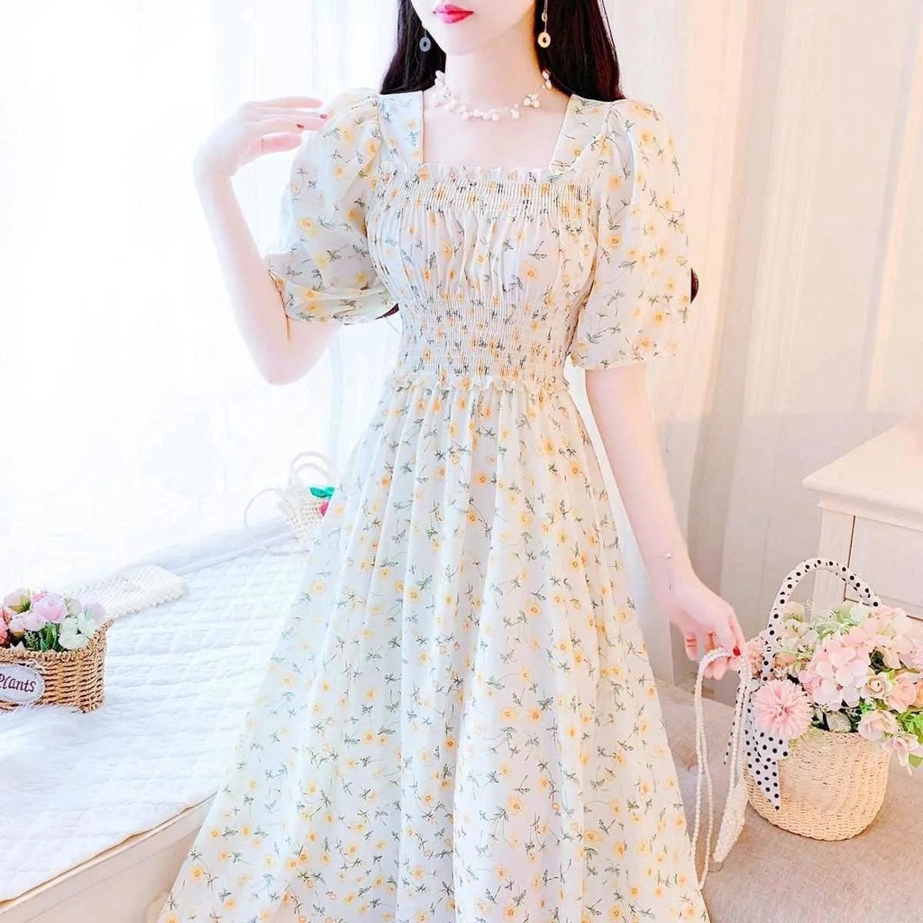 HIIXIIVI Đầm Dài Tay Ngắn In Hoa Độc Đáo Thời Trang Mùa Hè Phong Cách Hàn Quốc Cho Nữ