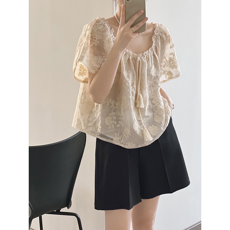 Áo Kiểu Phối Ren Dây Rút Phong Cách Pháp Thời Trang Mùa Hè 2023 80792