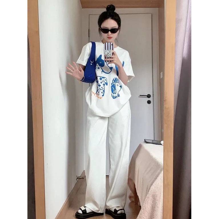 Áo Thun 100% Cotton Tay Ngắn Dáng Rộng Phong Cách Harajuku Hàn Quốc Cho Nữ