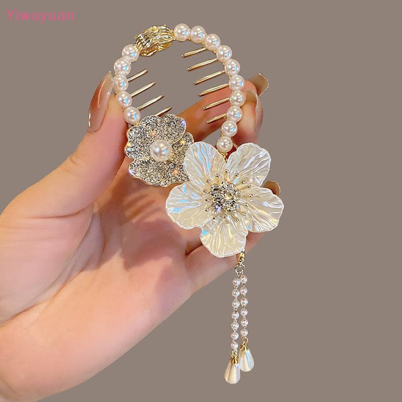 < Yiwuyuan > Kẹp Tóc Đuôi Ngựa Đính Kim Cương Giả Hình Hoa Trà Đính Ngọc Trai Thời Trang Mới Cho Nữ
