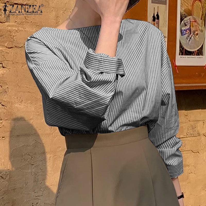 Áo nữ ZANZEA trễ vai dài tay cổ thuyền họa tiết sọc thời trang