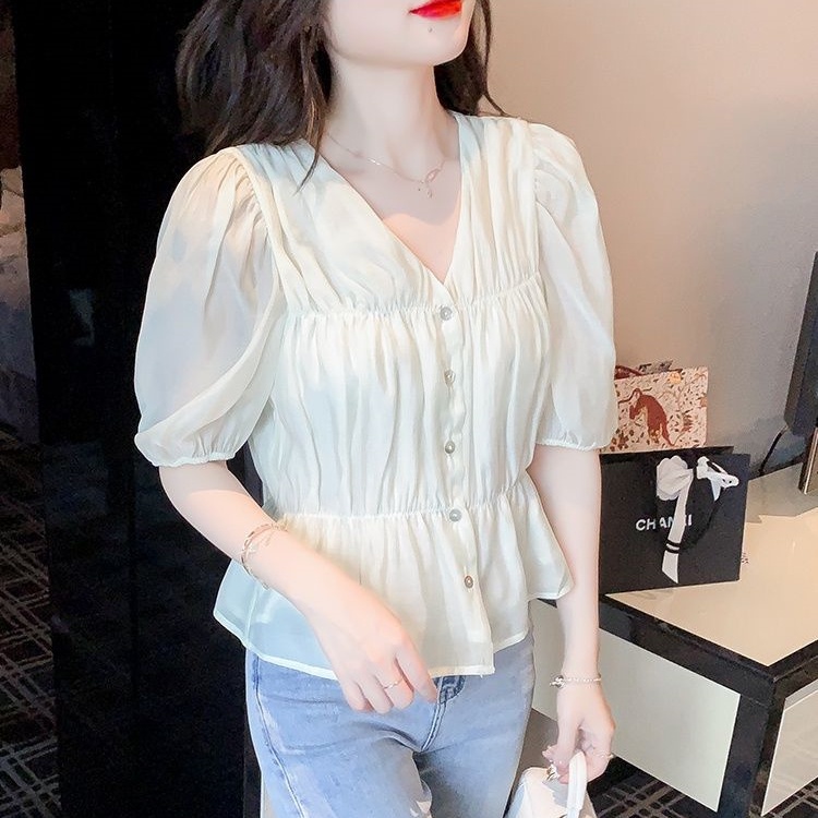 Áo Sơ Mi Nữ Ngắn Tay Cổ Chữ V Cài Nút Kiểu Pháp Mới