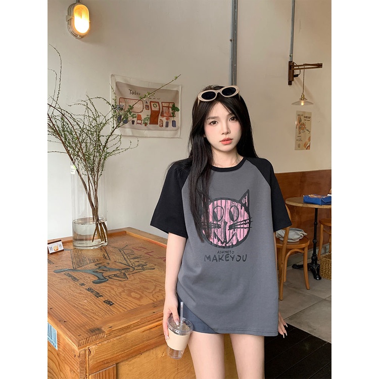 Áo Thun Raglan Tay Ngắn In Họa Tiết Hoạt Hình Phong Cách Hàn Quốc Thời Trang Mùa Hè Cho Nữ