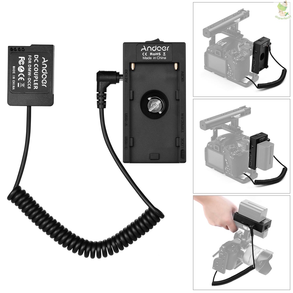 Andoer NP-F970 F750 Battery Plate Holder Adapter with Dual USB Interface + NP-W126 Dummy Battery Coupler Compatible with   Came-6.5