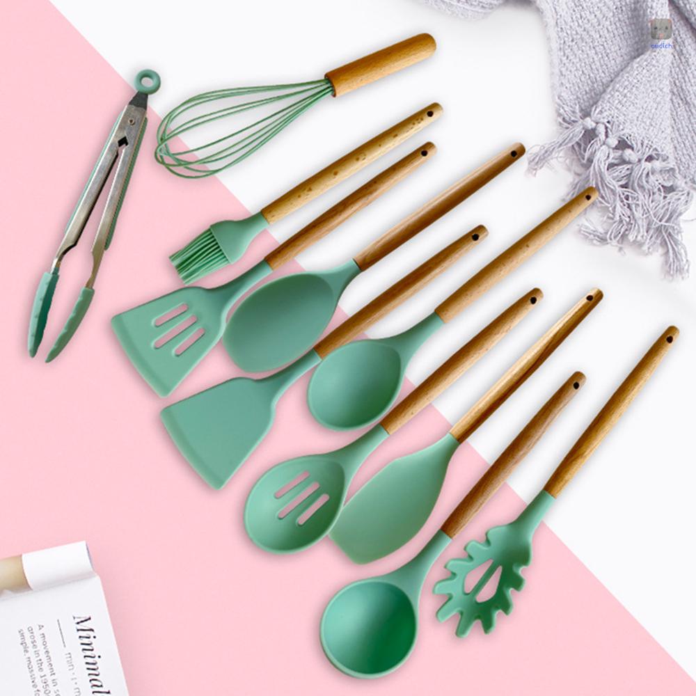 Bộ 12 Dụng Cụ Nấu Ăn Bằng Silicone Cán Gỗ Cách Nhiệt Chống Dính