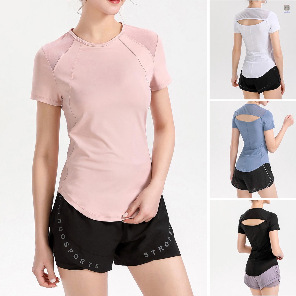 Áo Thun Thể Thao Tay Ngắn Phối Lưới Hở Lưng Ôm Sát Quyến Rũ Thời Trang Cho Nữ