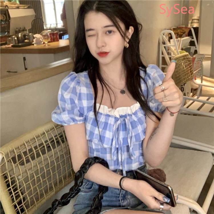 Áo Kiểu Tay Phồng Cổ Vuông Họa Tiết Sọc Caro Thời Trang Mùa Hè