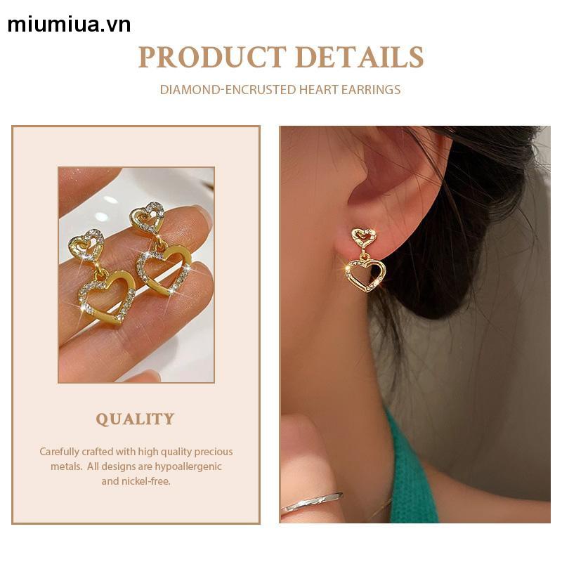 miumiuaBông Tai Hình Trái Tim Đính Đá Zircon Lấp Lánh Sang Trọng Cho Nữ