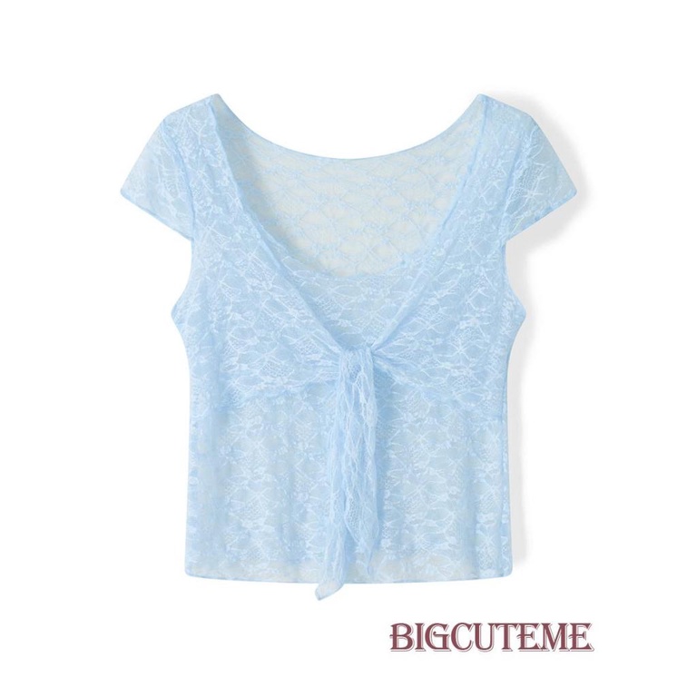 Áo Crop Top Tay Ngắn Cổ Chữ U Xuyên Thấu Màu Sắc Đơn Giản Dành Cho Nữ