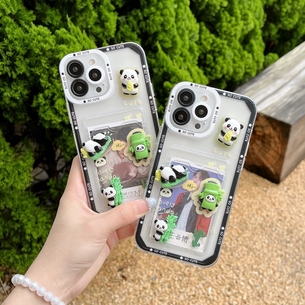 Ốp Điện Thoại TPU Silicon Mềm Trong Suốt Hình Gấu Trúc 3D Có Ngăn Đựng Thẻ Cho iPhone 14 13 12 11 Pro XR XS Max 7 8 Plus