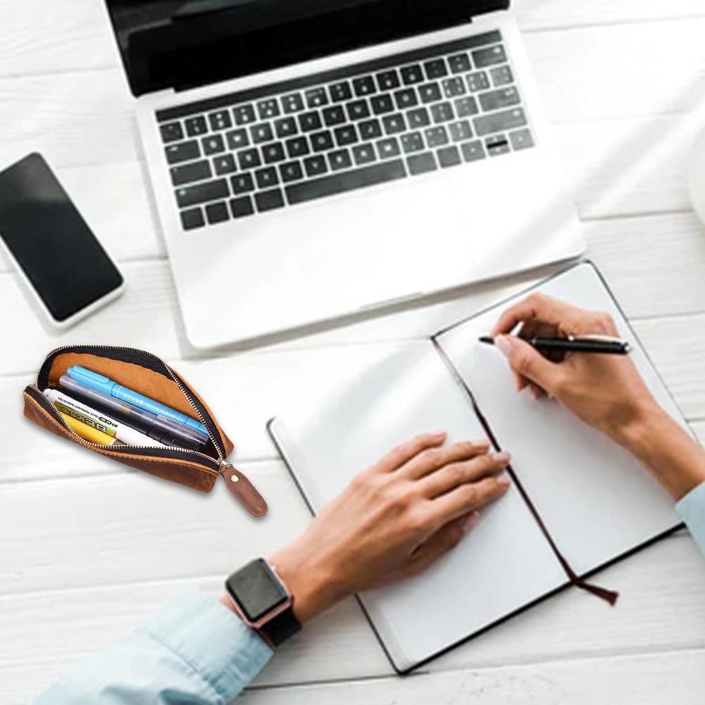 Túi Đựng Bút Bằng Da Thật Có Khóa Kéo Phong Cách Retro Đơn Giản M6K0