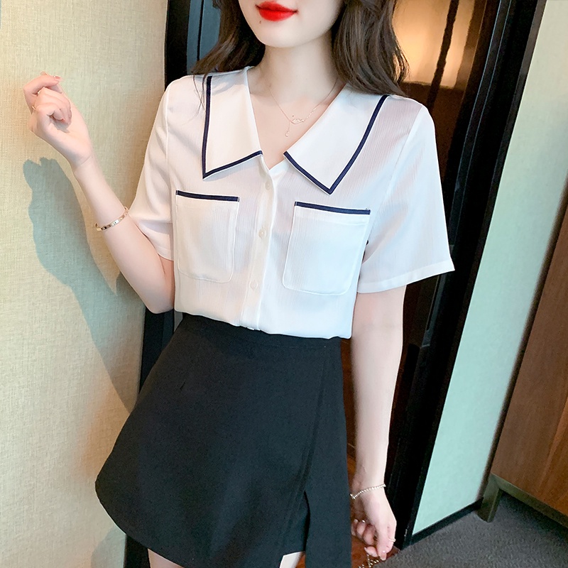 Áo Sơ Mi Satin Tay Ngắn Màu Sắc Tương Phản Phong Cách Pháp Chất Lượng Cao Cho Nữ