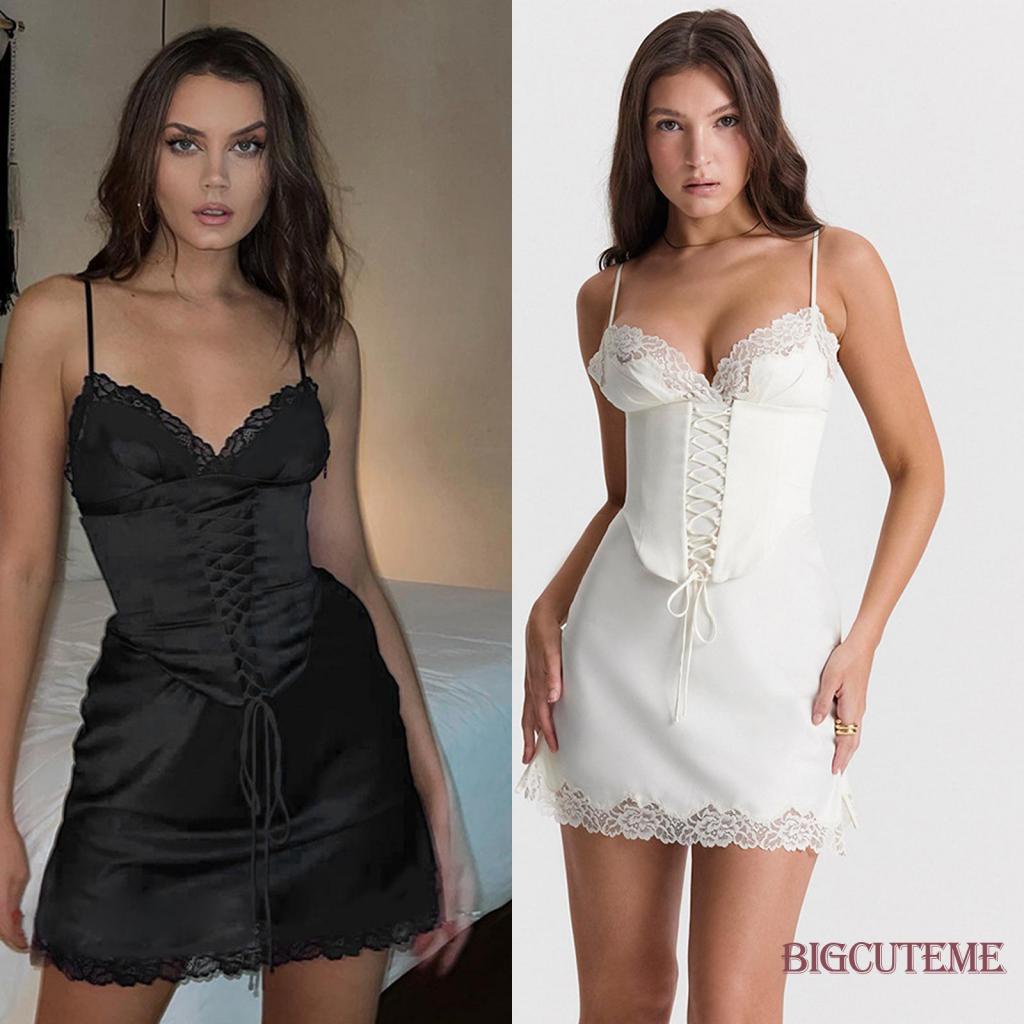 Đầm Mini Hai Dây Cổ Chữ V Phối Ren Và Dây Cột Eo Thời Trang Cho Nữ