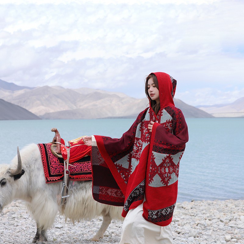 Yunnnan Áo Choàng Có Mũ Trùm Đầu Phong Cách Dân Tộc Retro Nhiều Màu Sắc Ấm Áp Mùa Thu Đông Xinjiang