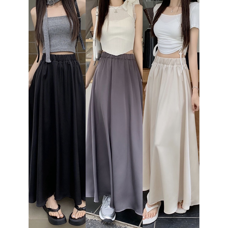 SUXI Chân Váy Satin Dài Lưng Thun Màu Sắc Đơn Giản Phong Cách Hàn Quốc