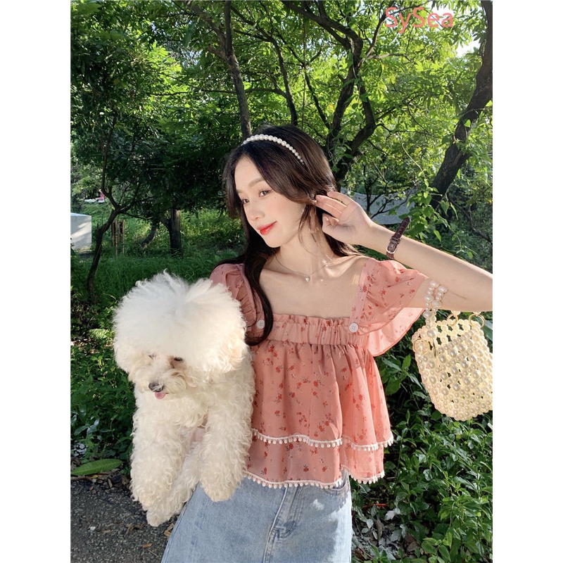 Áo Sơ Mi Tay Phồng Cổ Bẻ Họa Tiết Hoa Ngọt Ngào Thời Trang Mùa Hè Cho Nữ