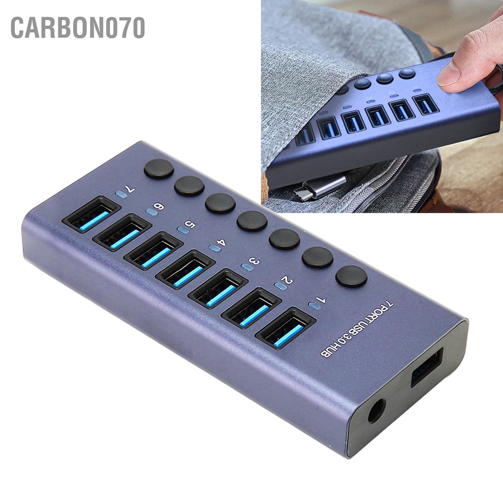 Carbon070 Hub USB 3.0 7 Cổng 5Gbps 5V 2.4A 36W Công Tắc Cá Nhân Đèn LED Chỉ Báo Đế Cắm Cho Điện Thoại Máy Tính 100‑240V