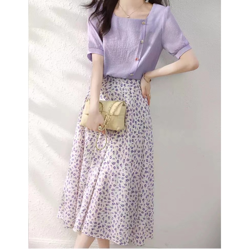 Set Áo Sơ Mi Cổ Vuông Và Chân Váy Phong Cách Pháp Đơn Giản Thời Trang Mùa Hè Mới