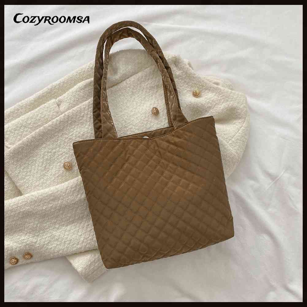 Túi Xách Đeo Vai Có Đệm Cotton Họa Tiết Lưới Hình Thoi Sức Chứa Lớn Cho Nữ