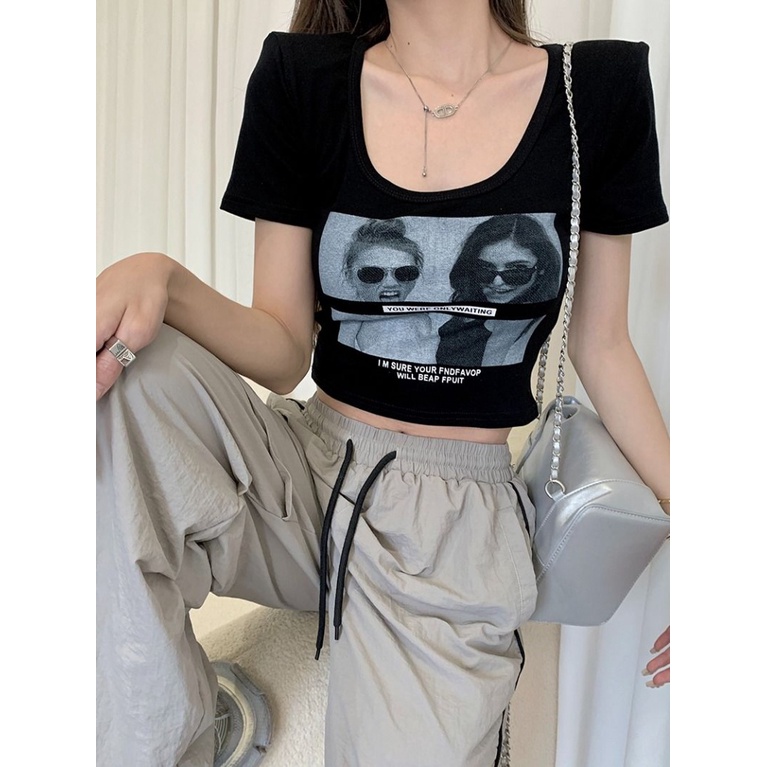 Áo baby tee Thun croptop Cotton Ngắn Tay Cổ Chữ u Màu Đen Phong Cách Retro Mỹ Thời Trang Mùa Hè 2023 Dành Cho Nữ