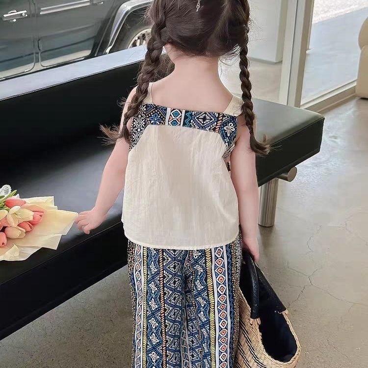 Set Áo Hai Dây Thêu Họa Tiết Thổ Cẩm + Quần Thời Trang Cho Bé Gái