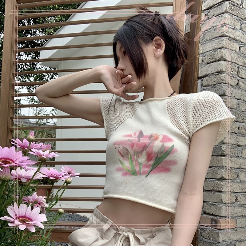 Áo Thun Dệt Kim Cổ Tròn Khoét Lỗ Đơn Giản Ngọt Ngào Cho Nữ