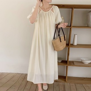 Đầm Dáng Rộng Hở Cổ Tay Phồng Màu Trơn Kiểu Hàn Quốc Thời Trang Mùa Hè Cho Nữ
