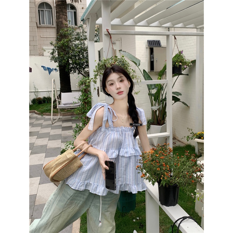 Áo Hai Dây Nhún Bèo Dáng Rộng Họa Tiết Kẻ Sọc Thời Trang Mùa Hè Xinh Xắn Cho Nữ