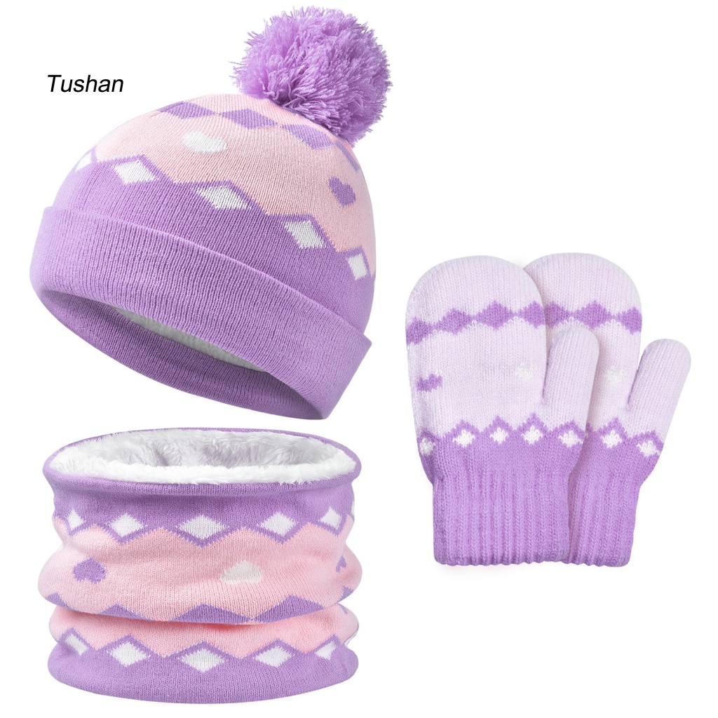 1 Bộ Mũ Len Và Găng Tay Họa Tiết Hình Học Đính Bóng Lông Thời Trang Thu Đông Cho Bé 2-6 Tuổi