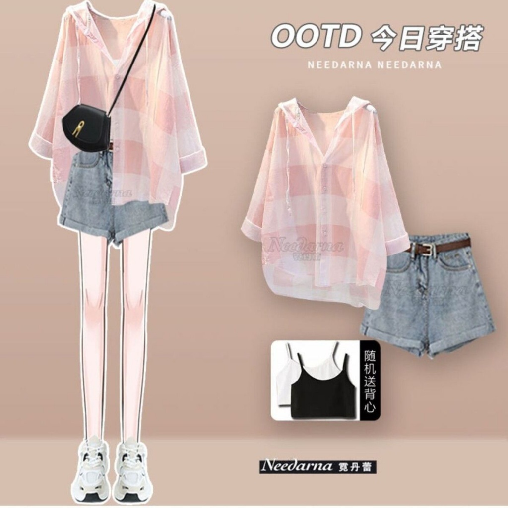 Set Áo Sơ Mi Kẻ Sọc + Quần Short Denim Lưng Cao Thời Trang Mùa Hè Mới 2023 Cho Nữ