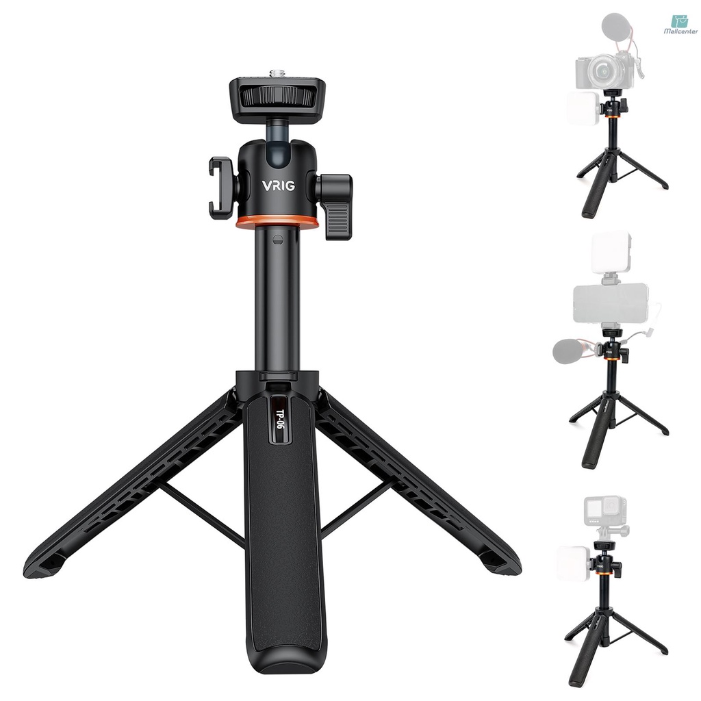 VRIG TP-06 Portable Selfie Stick Tripod Stand Aluminum Alloy with 1/4 Inch Screw Cold Shoe Mount 360° Rotatable Ballhead 55cm/21.6in Max. Height 1.5kg Load Capacity for Vlog Live Streaming Selfie Vide
