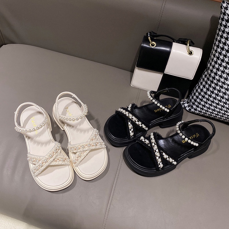 Ielgy Xăng đan Hở Ngón Đính Ngọc Trai Đơn Giản Thoải Mái Cao Cấp Dễ Phối Đồ Cho Nữ