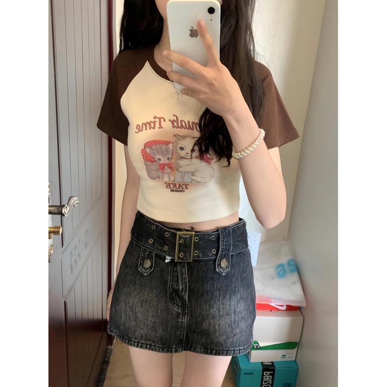 Áo baby tee Thun croptop nữ Ngắn Tay Ôm Dáng Phối Màu Sắc Tương Phản Thời Trang Cho Nữ