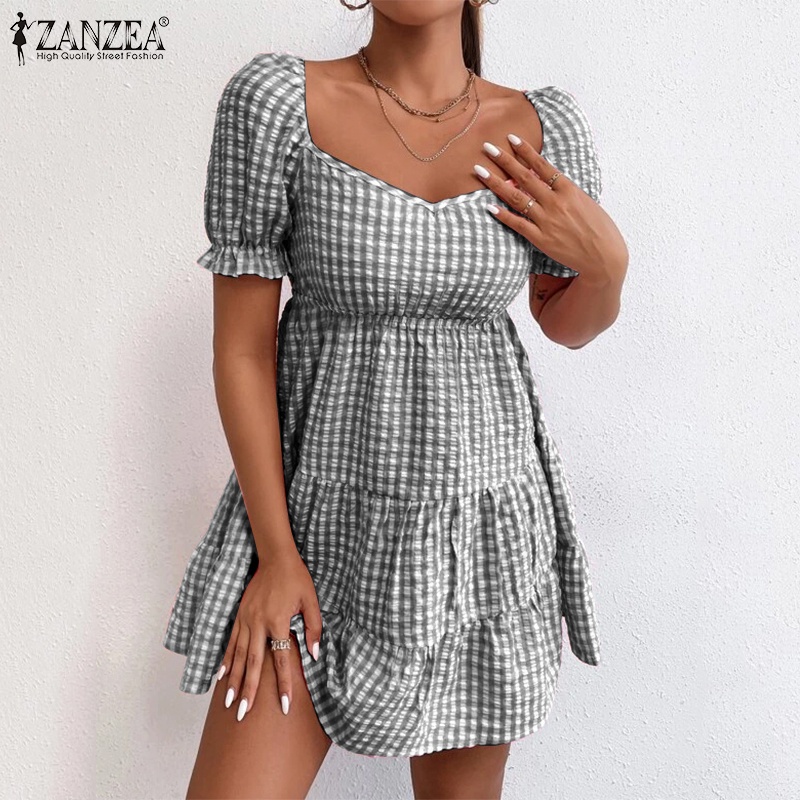 Đầm ZANZEA cổ vuông tay phồng nhiều lớp họa tiết sọc caro thời trang cho nữ