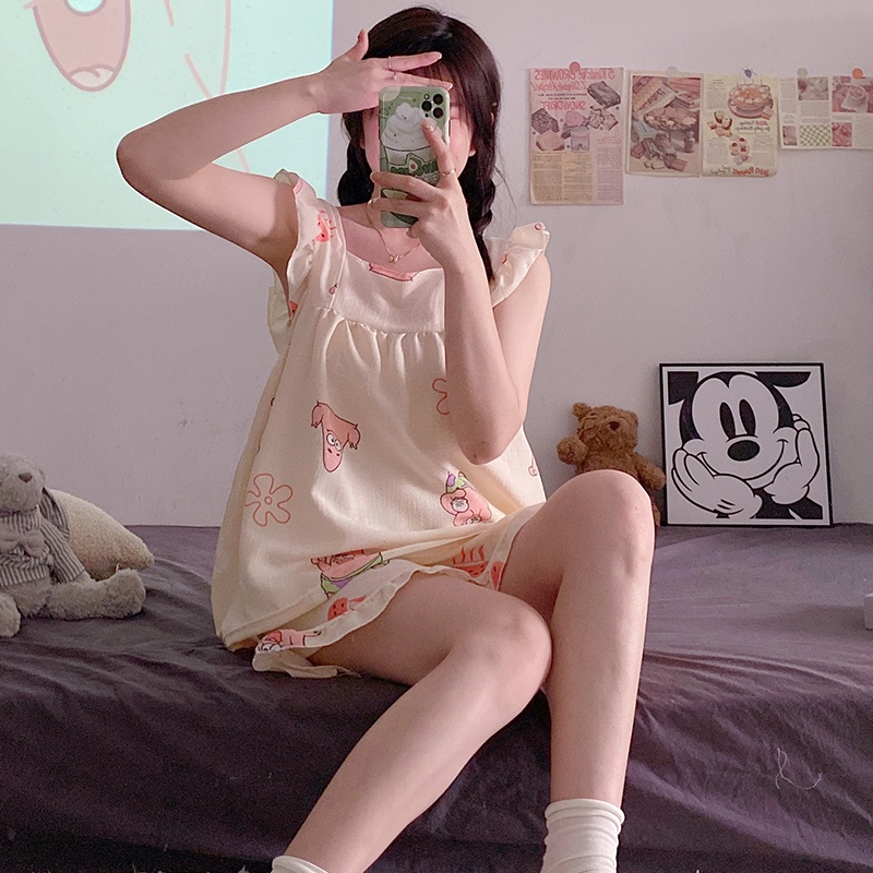 Bộ Đồ Ngủ Hai Mảnh Áo Hai Dây Phối Quần Short Phong Cách Công Chúa Ngọt Ngào Thời Trang Mùa Hè Mới Dành Cho Bạn Nữ